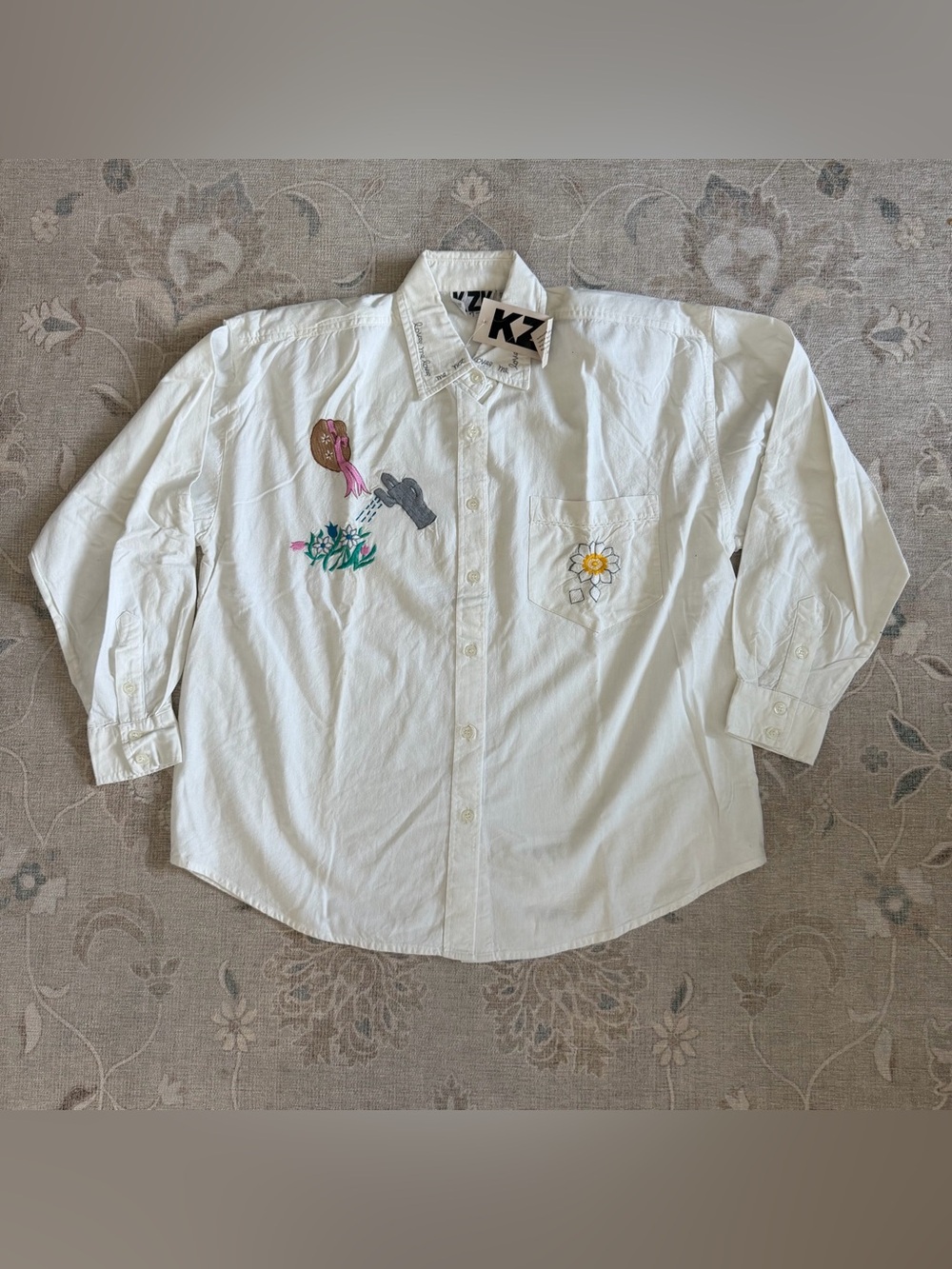 Vintage KZK Cotton White Long Sleeve Buttondown Embroidered Shirt Women's Large